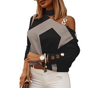 SHINROAD Top da donna T-shirt Camicetta Maniche lunghe Una spalla Catena a spalla calda Lady Primavera Camicia per lo shopping Nero M