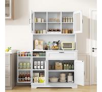 Shintenchi Armadietto da cucina a buffet, autoportante, con supporto per microonde e 4 ripiani ad anta, con ripiani regolabili e portabottiglie bianco