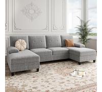 Shintenchi Divano componibile a forma di U con doppia sedia, set di mobili da soggiorno in tessuto di lino 4 posti, cuscini ad alta densità per il massimo comfort e stile moderno, grigio a righe