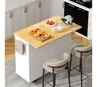Shintenchi Isola da cucina con foglie pieghevoli, tavolo Rolling Island con contenitore, mobile da cucina su ruote con area salotto per cucina, carrello bar con mobile, bianco