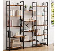 Shintenchi Libreria industriale a 5 ripiani a 3 colonne, grande libreria industriale con 14 ripiani aperti, grande libreria Etagere, ampia libreria per libri per casa e ufficio, marrone rustico
