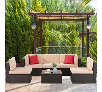 Shintenchi Set di 6 mobili da giardino per esterni, per tutte le stagioni, set di divani componibili in rattan sintetico intrecciato manuale in vimini con tavolo in vetro, cuscino ottomano e cuscini
