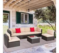 Shintenchi Set di 7 pezzi di mobili da giardino per esterni, per tutte le stagioni, set di divani componibili in rattan sintetico intrecciato manuale in vimini con tavolo in vetro, cuscino ottomano e