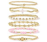 SHINUS BOHO Set di braccialetti da donna in oro 14 K con perle e croce, elasticizzati, stile bohémien, colorati, gioielli per amicizia, regalo estivo alla moda, 7.0, Ottone, Nessuna pietra preziosa