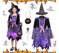 Shinybox Costume da Strega Bambini, LED Abito da Strega con Cappello, Bacchetta Magica e Borsa, Carnevale Costume di Streghetta, Vestito Bambini per Carnevale Compleanni Cosplay Festa