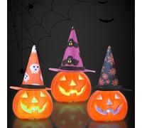 Shinybox Decorazione di Halloween a LED Horror Zucca, 3 Pezzi LED Zucca e 3 Pezzi Cappelli da Mago, Decorazione Autunnale, Funzionamento a Batteria, Addobbi Giardino Decorative Lanterna Halloween