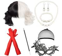 Shinybox Parrucca Mezza Nera e Mezza Bianca, 8 Pezzi Parrucche Cosplay Nere Bianca da Donna con Guanti, Maschera, Collana di Perle, Bracciale, Orecchini per Halloween, Carnevale, Cosplay, Feste