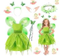 Shinybox Trilli Costume per Bambina, 6 Pezzi Tinker Bell Costume Costume con Ali di Farfalla Bacchetta Magica Fascia Orecchie da Elfo e Ghirlande, Vestito da Fata Verde per Carnevale Cosplay Festa