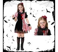 Shinybox Vestito Clown Bambina, 5 Pcs Costume Pagliaccio Bambina Strisce Rosse e Nero, Halloween Cosplay Spaventoso Costumi con Calze, Halloween Carnevale Cosplay Feste