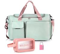 Shinylin Set di borsone da viaggio pieghevole, borsa da viaggio, borsa da palestra, con tasca bagnata e scomparto per scarpe e lucchetto a combinazione a 4 cifre, per donne e uomini, Rosa e verde.