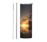 Ship in The Lake Sunset Tumbler con coperchi e cannuccia, 590 ml, bottiglia d'acqua sottovuoto a doppia parete in acciaio inox, tazza termica da viaggio a tenuta stagna, per bevande calde e fredde