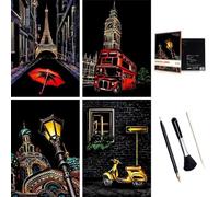 ShipeeKin 4x immagini da graffiare, 290 x 210 mm Angolo di strada della città, carta da graffiare colorata patinata con set di strumenti(angolo della strada)