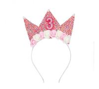 Shirene Corona di compleanno per bambine,3 anni Fascia Tiara Corona da principessa Cerchietto Bambina con Fiore Rosa Copricapo Decorazioni di Compleanno Accessorio per Capelli per Donne e Ragazze