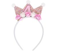 Shirene Corona di Compleanno per Bambine,4 Anni Fascia Tiara Corona da Principessa Cerchietto Bambina con Fiore Rosa Copricapo Decorazioni di Compleanno Accessorio per Capelli per Donne e Ragazze