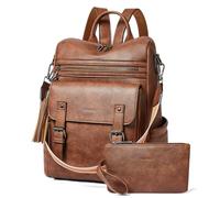 Shirre Backpack Passa 14 pollici laptop, cuoio zaino tasca per donne, marrone cuoio vegano moda laptop viaggio zaino Cabriolett cintura con braccialetto per lavoro e collegio