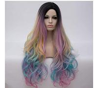 SHIYID Long Curly Multi-Color Synthetic Rainbow Full Wigs for Cosplay Girl Party Wig Cap Included