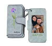 SHKINETARRY Portafoto personalizzato con nome e fiore di nascita Portafoglio lungo in pelle da donna personalizzato Grande capacità con più portacarte Regali per il suo Festa della mamma