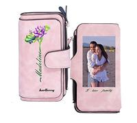 SHKINETARRY Portafoto personalizzato con nome e fiore di nascita Portafoglio lungo in pelle da donna personalizzato Grande capacità con più portacarte Regali per il suo Festa della mamma