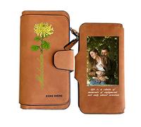 SHKINETARRY Portafoto personalizzato con nome e fiore di nascita Portafoglio lungo in pelle da donna personalizzato Grande capacità con più portacarte Regali per il suo Festa della mamma