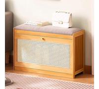 Shoe Rack Bench Entryway, Wood Shoe Storage Stool with Linen Cushion Seat, 2-Tier Shoe Organizer for Living Room, Bedroom, Bathroom
