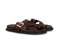 shoes&blues.es Sandali piatti da donna con strisce incrociate decorate con borchie metalliche e fibbia regolabile. Chiusura aderente al pollice. Suola imbottita. Ideale per l'estate., marrone, 40 EU