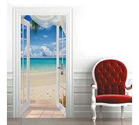 SHOMEY Adesivi per Porte Interne 3D Vista mare dalla finestra 77 x 200 cm Autoadesivi, Effetto 3D, Arte fotografica, Carta da parati Confezione da 2 PCS Soggiorno Camera da Letto Hotel