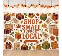 Shop Small Support Local Fall Theme Gift Boxes Sfondo Banner 180 x 109 cm | Foglie autunnali, sfondo fotografico, sacchetti regalo, tema mercato stagionale, messaggio di supporto della comunità