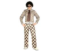 shoperama Costume da discoteca da uomo anni '60 anni '70, a quadretti, con bottone, camicia, cravatta, ballerina, festival e fiori, taglia: M