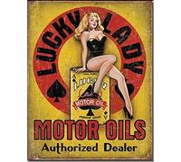 ShopForAllYou Vintage Decor Signs Lucky Lady Motor Oils Rivenditore autorizzato Pin-Up Girl Weathered Tin Metal Sign Nuovo