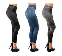 ShopINess Confezione da 3 Slim Jeggings Felpati con Pile Interno Leggings Stile Jeans Elasticizzati (1Nero, 1Grigio, 1Blu) (L-XL)