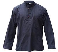 SHOPOHOLIC FASHION Camicie da Uomo Hippy con Colletto a Fascetta in Tessuto di Canapa Tinta Unita, Blu Marino, L