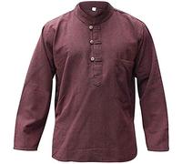 SHOPOHOLIC FASHION Camicie da Uomo Hippy con Colletto a Fascetta in Tessuto di Canapa Tinta Unita, Brown, 3XL