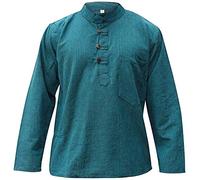 SHOPOHOLIC FASHION Camicie da Uomo Hippy con Colletto a Fascetta in Tessuto di Canapa Tinta Unita, Turchese, M
