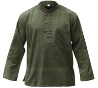 SHOPOHOLIC FASHION Camicie da Uomo Hippy con Colletto a Fascetta in Tessuto di Canapa Tinta Unita, Verde, S