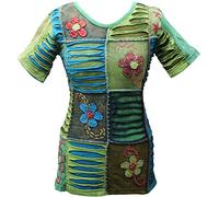 SHOPOHOLIC FASHION Maglietta Hippy da Donna a Maniche Corte Ricamate con Fiori Blu, Blu, M