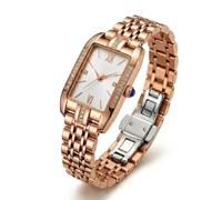 ShoppeWatch Delicato orologio in oro da donna | quadrante rettangolare con strass (bianco)