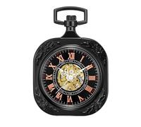 ShoppeWatch Orologio da tasca Nero Scheletro Meccanico Movement Mano Vento Romano Numeri Piazza-Dial Steampunk PW70