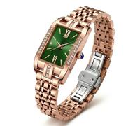 ShoppeWatch Orologio delicato in oro da donna | quadrante rettangolare con strass (verde)