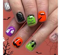 Short Square Sparkling Artificial Nails Halloween Ricobba Modello Pipistrello 24picies Premere Sulla Punta Cobweb Nail