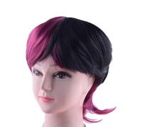 Short Straight Wig for Women Black w/ Purple Highlight Synthetic Cos Heat Safe