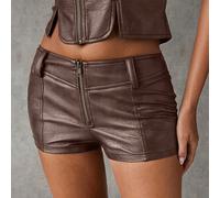 Shorts con fascia in vita e chiusura lampo, design alla moda per la città, shorts in pelle sintetica lavata e consumata di colore marrone. Stile sexy adatto a varie occasioni come uscire, feste e rien
