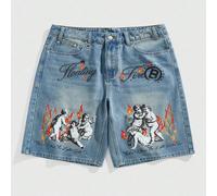 Shorts di jeans alla moda da uomo con stampa di fiamme e angeli sulla tasca L,M,S,XLAnimale,Piante,Motivo strutturatoDenim