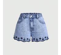 Shorts di jeans casual estivi da ragazza adolescente in stile Y2K, di colore blu chiaro con un design carino ricamato sull'orlo, vestibilità morbida a trapezio, adatti per uscite quotidiane, feste, ca