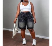 Shorts di jeans lavati con strass di moda per taglie forti, estivi, adatti per la silhouette a clessidra delle donne 0XL,1XL,2XL,3XL,4XLColore unicoDenim
