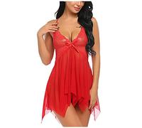Shorty, pigiama da donna, sexy, da notte, in tinta unita, senza maniche, con scollo a V, con spalline sottili, a rete, per la casa, Colore: rosso, XL