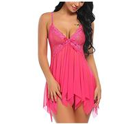 Shorty, pigiama da donna, sexy, da notte, in tinta unita, senza maniche, con scollo a V, con spalline sottili, a rete, per la casa, Rosa acceso., L