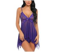 Shorty, pigiama da donna, sexy, da notte, in tinta unita, senza maniche, con scollo a V, con spalline sottili, a rete, per la casa, Lilla, m