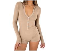 Shorty, pigiama estivo da donna, tuta estiva: tuta da donna, tuta estiva con bottoni, tinta unita, body con Sleepwear sexy, per il tempo libero, maglia a coste, pigiameria skinny a maniche lunghe