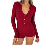 Shorty, pigiama estivo da donna, tuta estiva: tuta da donna, tuta estiva con bottoni, tinta unita, body con Sleepwear sexy, per il tempo libero, maglia a coste, pigiameria skinny a maniche lunghe