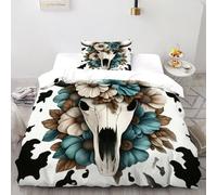 SHOVERKD Fiori di teschio di mucca Set Di Biancheria Da Letto 2 Pezzi Con Stampa 3D Floral Grassland Animal Copripiumino Con 1 Federe in Microfibra Morbida E Leggera Single（135x200cm）